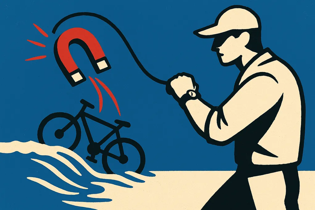 A person magnet fishing from a bridge in Finland